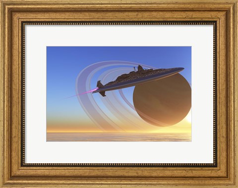 Framed spaceship blasts itself into orbit after exploring one of Saturn&#39;s moons called Titan Print