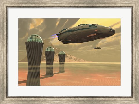 Framed Two spacecraft takeoff from a colony on a desert planet Print
