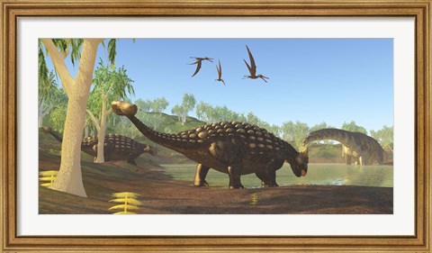 Framed Ankylosaurus dinosaurs drink from a swamp along with an Argentinosaurus Print