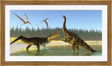 Framed Kaprosuchus reptile confronts an Agustinia dinosaur Print