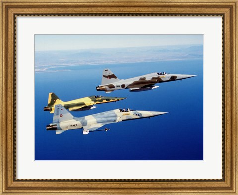 Framed Three F-5E Tiger II fighter aircraft in flight Print