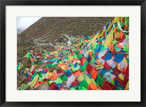 Framed Praying Flags with Mt. Quer Shan, Tibet-Sichuan, China Print