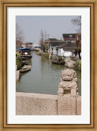 Framed Stone lion on bridge, Zhujiajiao, Shanghai, China Print
