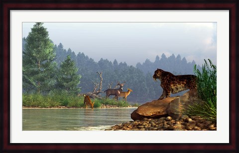 Framed saber-toothed cat looks across a river at a family of deer Print