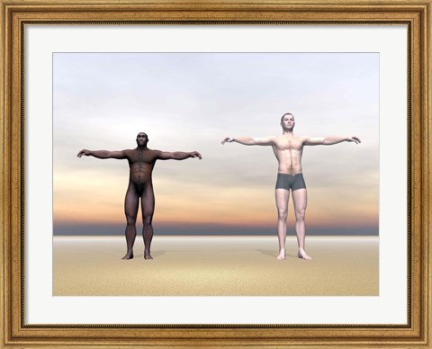 Framed Homo Erectus man next to modern human being Print