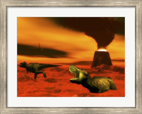 Framed Tyrannosaurus Rex dinosaurs struggle to survive from a volcanic eruption Print