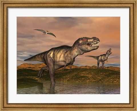 Framed Tyrannosaurus Rex dinosaurs with pteranodon bird flying above Print