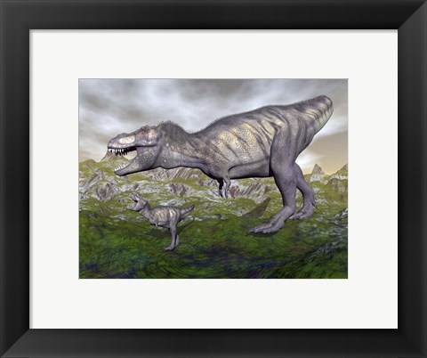 Framed Tyrannosaurus rex mother and offspring Print