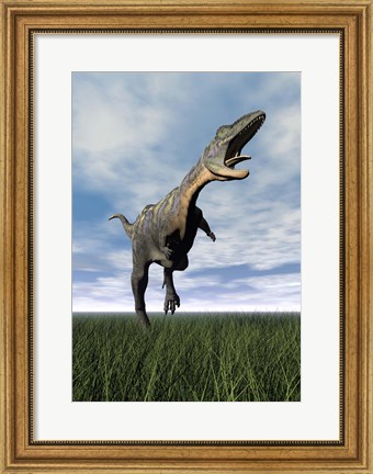 Framed Aucasaurus dinosaur running on the green grass with mouth open Print