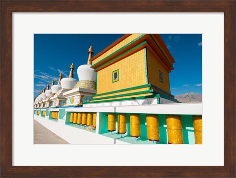 Framed Chortens and prayer flags at Dali Lama&#39;s Ladakh home, Ladakh, India Print