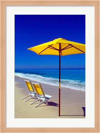 Framed Yellow Chairs and Umbrella on Pristine Beach, Caribbean Print