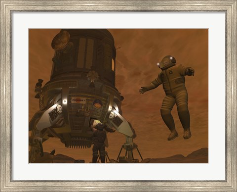 Framed Artist&#39;s concept of Astronauts Exploring the Surface of Saturn&#39;s Moon Titan Print