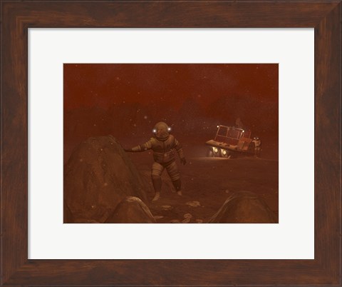 Framed Illustration of Astronauts Exploring the Surface of Saturn&#39;s Moon Titan During a Blizzard Print