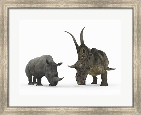 Framed Adult Diabloceratops Compared to a Modern adult White Rhinoceros Print