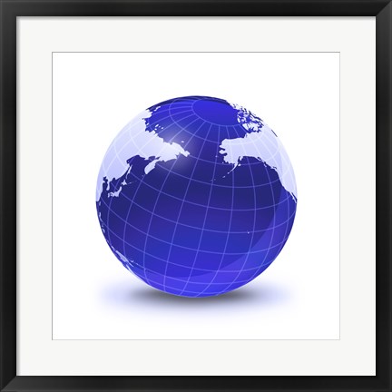 Framed Stylized Earth Globe with Grid, Centered on Pacific Ocean Print