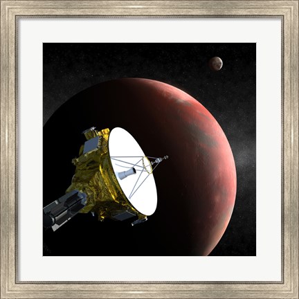 Framed Artist&#39;s Concept of the New Horizons Spacecraft as it Approaches Pluto and its Largest Moon, Charon Print