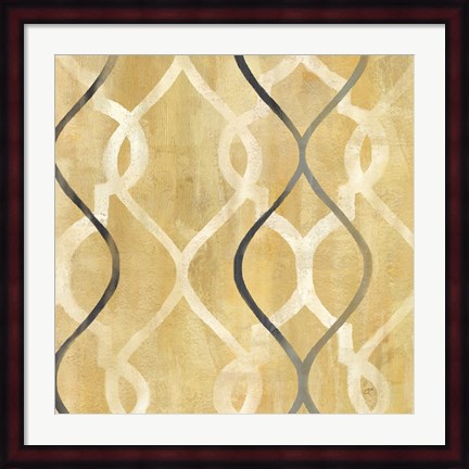 Framed Abstract Waves Black/Gold Tiles II Print