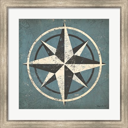 Framed Nautical Compass Blue Print