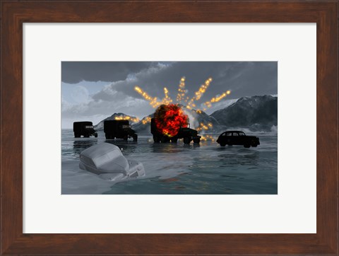 Framed Military Vehicles with a Truck Exploding Print
