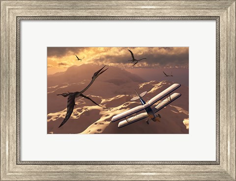 Framed Tiger Moth Biplane and Quetzalcoatlus pterosaurs Print