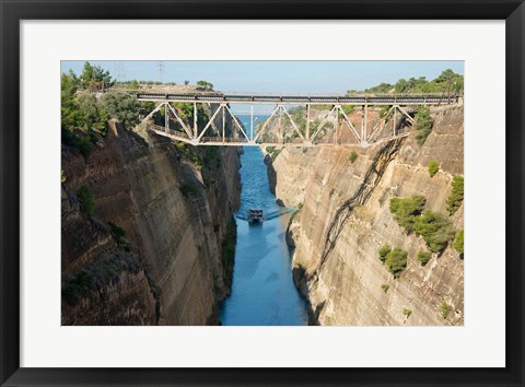 Framed Greece, Corinth Boat in Corinth Canal Print