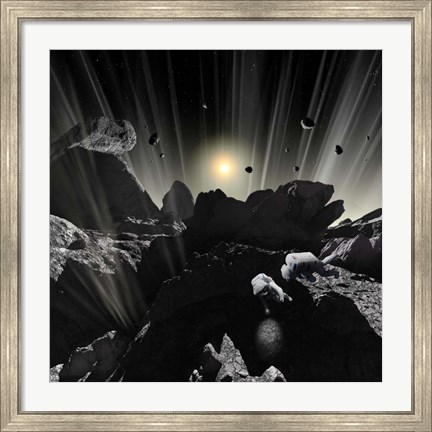 Framed Astronauts explore the tumultuous surface of a Comet Print
