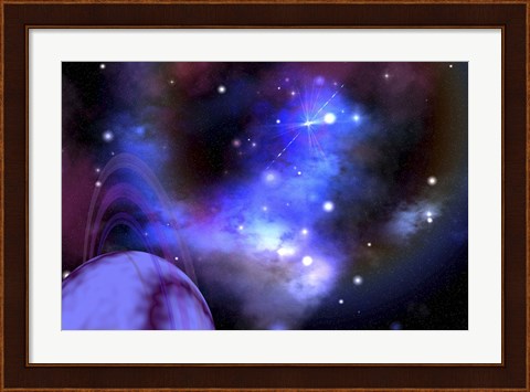 Framed This ringed planet is sorrounded by a colorful Nebula Print