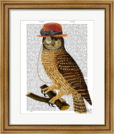 Framed Owl with Steampunk Style Bowler Hat Print