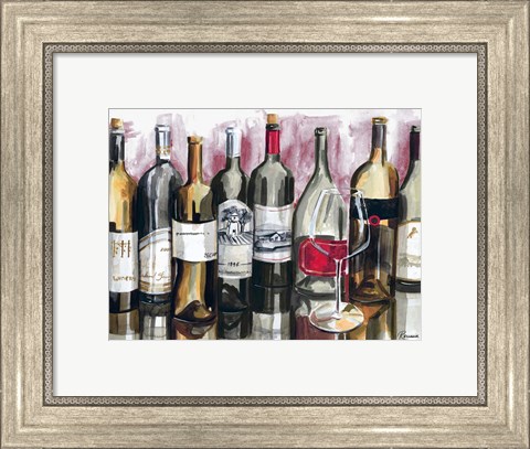 Framed Bottles Reflect on Red I Print