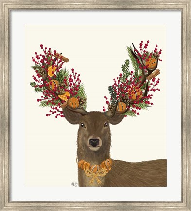 Framed Deer, Cranberry and Orange Wreath Print
