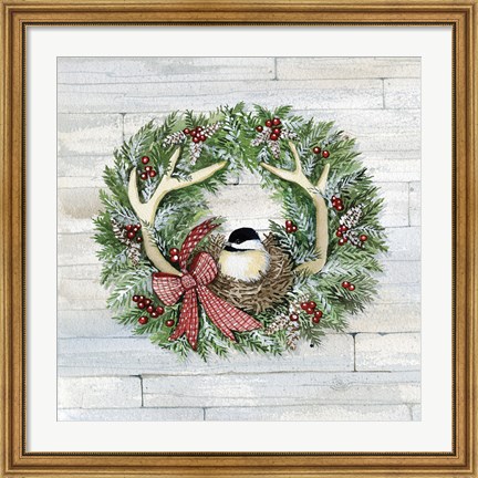 Framed Holiday Wreath IV on Wood Print