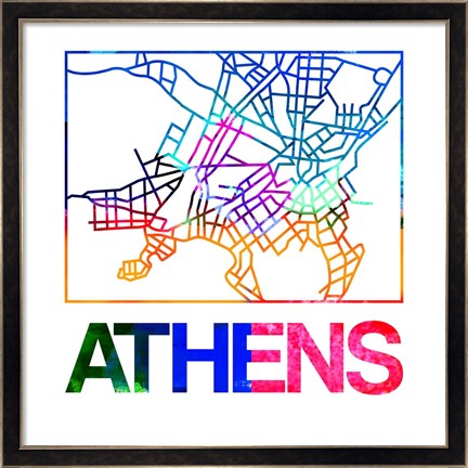 Framed Athens Watercolor Street Map Print